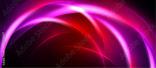 Abstract design features vibrant pink, red curves against black background. Dynamic light creates flowing, modern aesthetic.