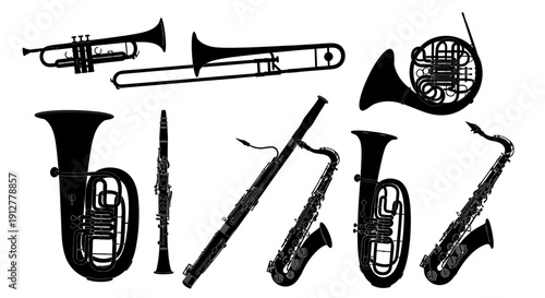 Musical Instruments Silhouettes Collection: Brass and Woodwind Orchestra Elements