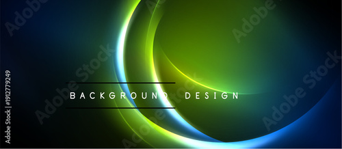 Abstract neon lines create dynamic curves. Blue transitions to green, forming circular shapes against black backdrop. Modern design element.