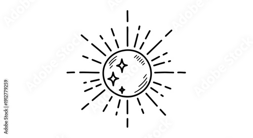 Hand Drawn Sun with Rays and Stars Celestial Doodle Illustration