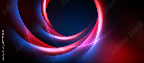 Abstract design features vibrant red, blue light curves. Dynamic composition creates modern visual impact. Smooth gradients suggest energy, motion.
