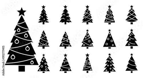 Christmas Tree Icons Set: Black Silhouette Collection of Festive Evergreen Trees