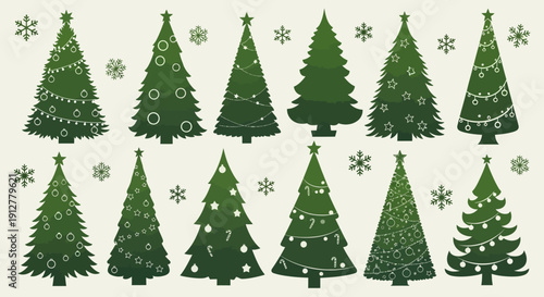 Collection of Green Christmas Trees with Snowflakes and Ornaments