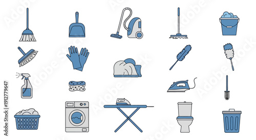 Cleaning supplies icons set: broom, vacuum, mop, bucket, iron, toilet, trash can, washing machine