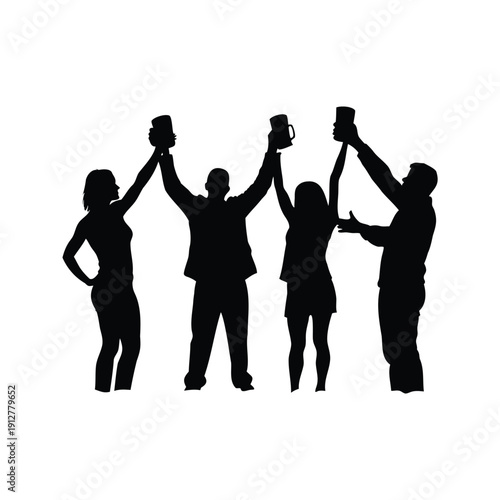 people toasting silhouette vector illustration, Group of people celebrating with raised hands and trophies silhouette vector illustration
