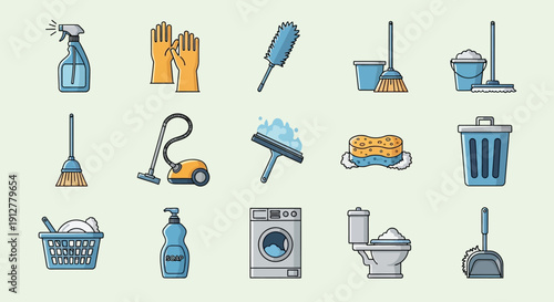 Cleaning Supplies and Equipment Icons Set: Hygiene, Housekeeping, and Sanitation Tools
