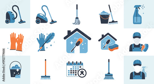 Cleaning Service Icons: Housekeeping Tools, Equipment, and Professionals Set