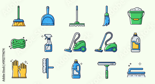 Cleaning Supplies Icons Set: Broom, Mop, Vacuum, Bucket, Gloves, Sprays, Brushes