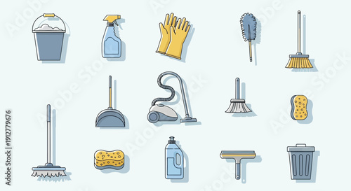 Cleaning Supplies Icons Set: Bucket, Spray Bottle, Gloves, Duster, Broom, Vacuum, Mop, Sponge