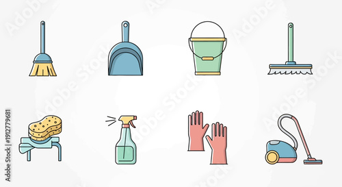 Cleaning Supplies Icons Set: Broom, Dustpan, Bucket, Mop, Sponge, Sprayer, Gloves, Vacuum