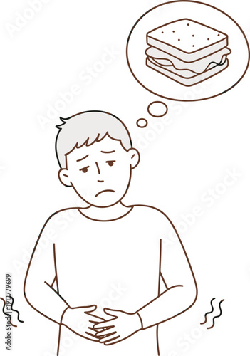 Hunger concept cartoon, person clutching stomach with sandwich thought bubble, discomfort lines, expressive craving, food desire illustration