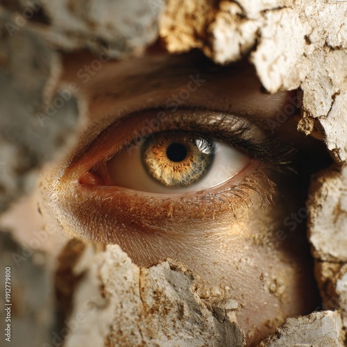 Close up human eye emerging through cracked surface symbolizing awakening