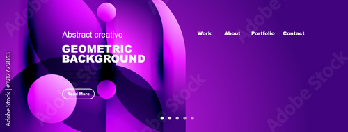 Purple fluid shapes form abstract background. Text highlights geometric design, navigation links present. Modern, vibrant aesthetic.