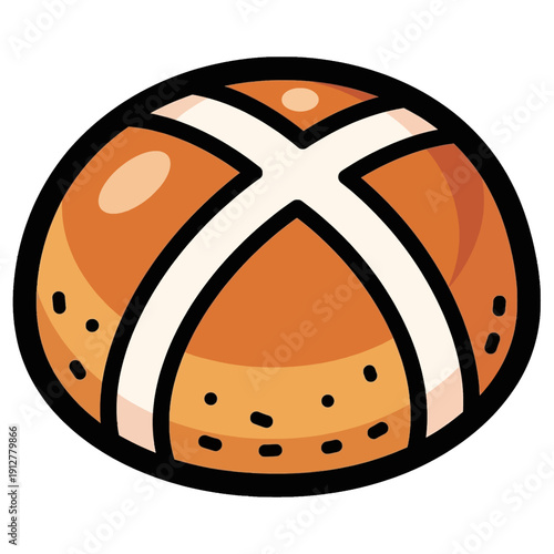 A cartoon illustration of a traditional hot cross bun with a white cross on top, ready for Easter.