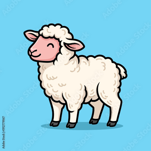 Cute cartoon sheep with fluffy white wool and a pink face standing on a light blue background.