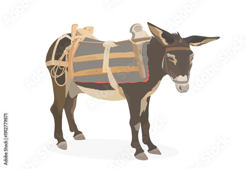 Cute cartoon Donkey with a saddle and basket on the back. Vector animal illustration isolated on white background.