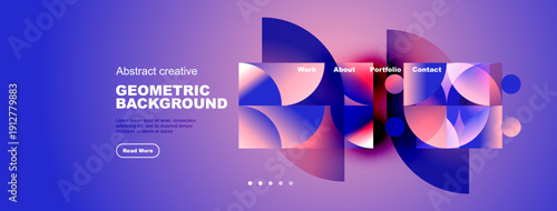 Modern website header design. Vibrant blue gradient, geometric shapes, text elements present. Clean layout, professional aesthetic.