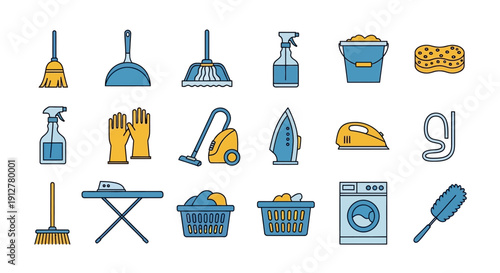 Cleaning Supplies Icons Set: Broom, Mop, Vacuum, Bucket, Sponge, Gloves, Iron, Washer