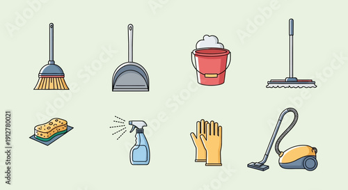 Cleaning Tools Collection: Broom, Dustpan, Mop, Sponge, Gloves, Vacuum