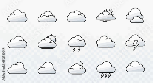 Cloud Icons Set: Weather Forecast Symbols, Simple Flat Design, Isolated on Transparent Background