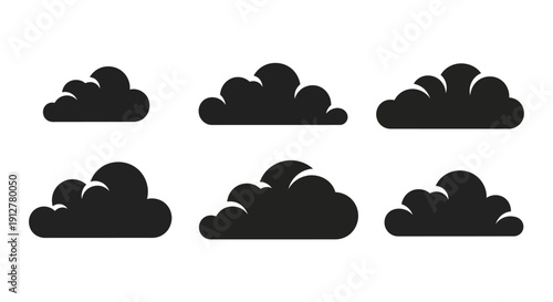 Set of Black Cloud Icons, Simple Vector Illustrations for Weather and Design
