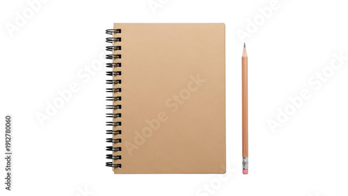 A brown spiral-bound notebook with a pencil resting on top against a white background