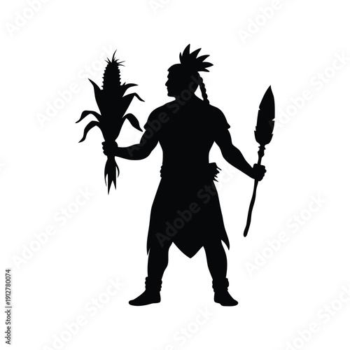 native american with corn silhouette vector illustration, Ancient warrior holding corn and torch, detailed silhouette vector illustration
