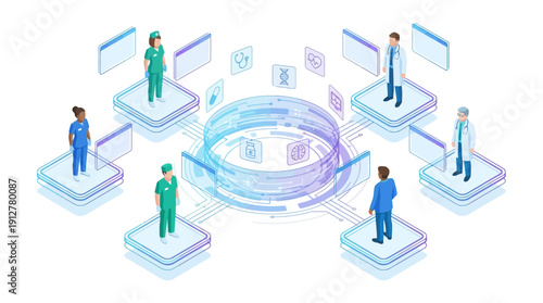 Isometric Healthcare SaaS Platform for Medical Data Management, Digital Health Technology Network with Doctors and Nurses, Professional Telemedicine Software Interface Illustration