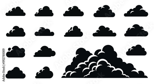 Set of Black Silhouette Clouds Icons, Sky Weather Elements Collection