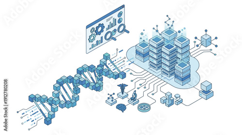 Isometric Biotechnology SaaS and Bioinformatics Concept with DNA Helix, Cloud Server Network, Medical Data Analytics Dashboard, and Healthcare Research Icons in Blue Line Art