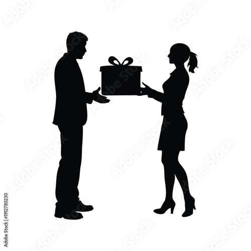new year gift exchange silhouette vector illustration, A couple exchanging a gift box in a business setting silhouette vector illustration