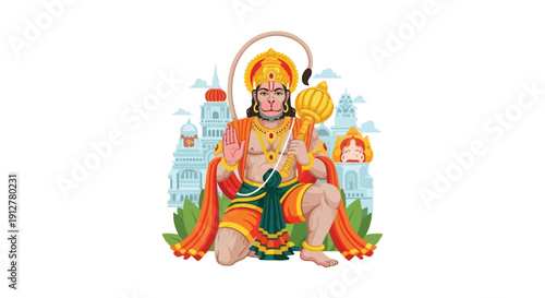Illustration of a Hindu deity, specifically Hanuman, kneeling in a vibrant orange and yellow costume with a cityscape in the background, conveying a sense of spirituality and mysticism.