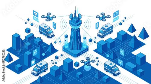 Isometric 5G Smart City Emergency Network with Autonomous Ambulances and Drones for Healthcare SaaS, Telemedicine Logistics and Digital Infrastructure Data Visualization