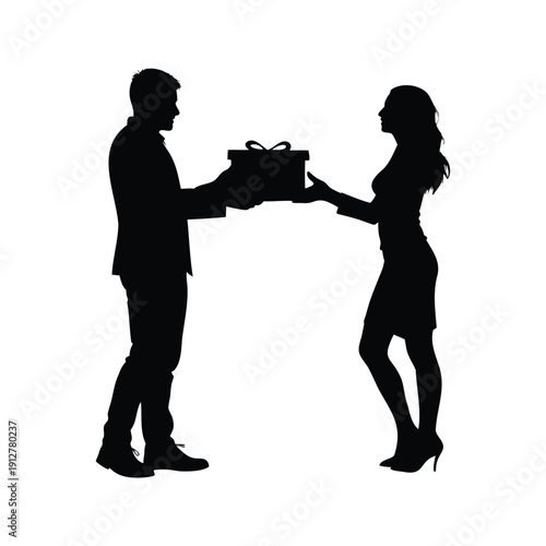 new year gift exchange silhouette vector illustration, Silhouette of a couple exchanging a gift box, elegant vector illustration