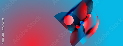 Abstract composition. Red, blue gradients blend. Spheres intersect curves, creating dynamic visual effect. Modern design elements present.