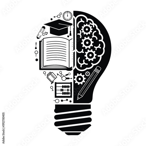 Conceptual light bulb illustration combining education and brain mechanics, representing the synergy between academic learning and cognitive processing for intellectual growth, flat vector design.