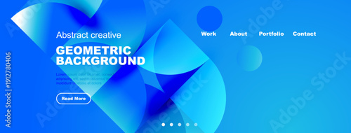 Bright blue abstract background. Geometric shapes, text elements, navigation menu present. Modern design for website header or banner.