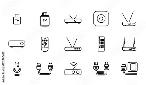 Thin line TV stick and TV box vector icon collection smart streaming device outline set
