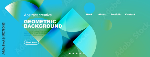 Abstract website header design. Fluid shapes, vibrant colors, text overlay, navigation menu present. Modern aesthetic.