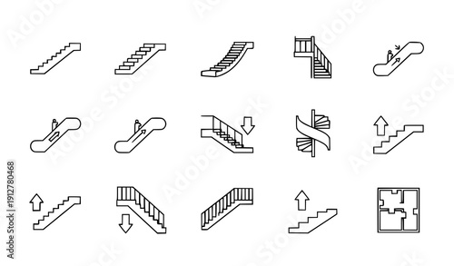 Staircase and escalator outline icon set stairs symbol vector collection