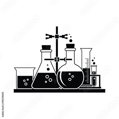 Minimalist Laboratory Glassware Silhouette Featuring Erlenmeyer Flask, Round Bottom Flask, Beaker, and Test Tubes Arranged on a Lab Stand for Scientific Research and Chemistry Experiments.