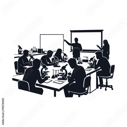 Silhouette of students and a teacher in a science laboratory conducting experiments, using microscopes, and engaging in a lecture within an academic STEM classroom setting.