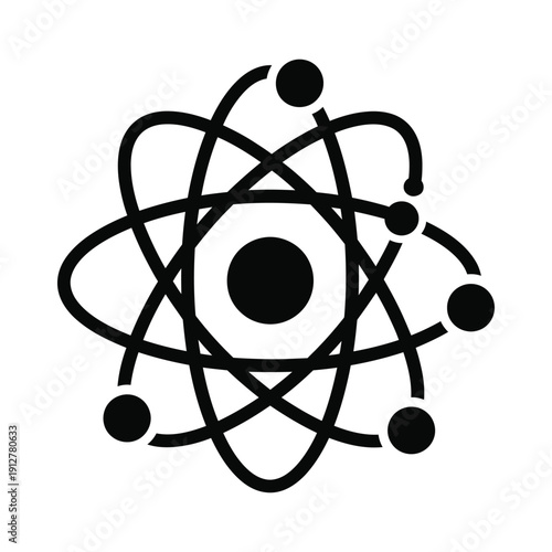 Minimalist black atom icon with nucleus and orbiting electrons representing scientific discovery and molecular structure, isolated on white for educational and technological design.