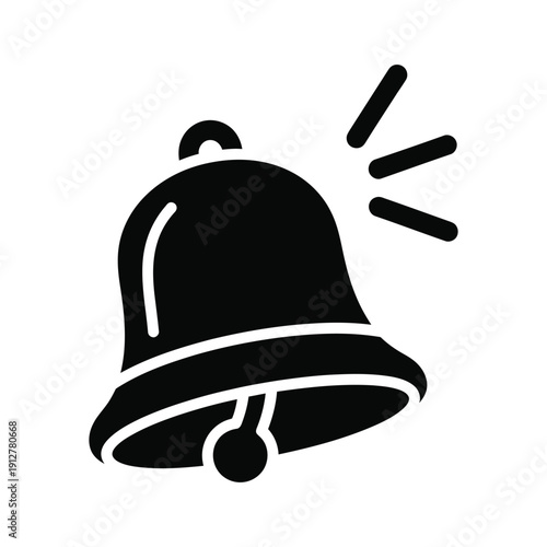 Black bell icon ringing to signal a notification alert on a clean white background, representing school schedules, church services, or digital reminders in a bold minimalist style.
