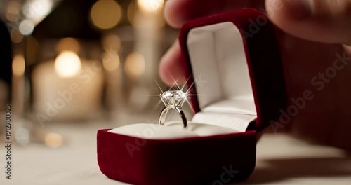 Shining diamond ring in red velvet box

