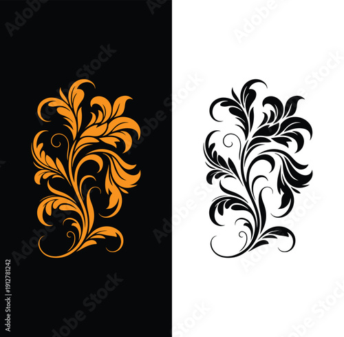 Elegant floral ornamental design featuring a decorative swirling leaf motif. The artwork showcases a vibrant golden-orange floral pattern on a black background alongside a classic black version 