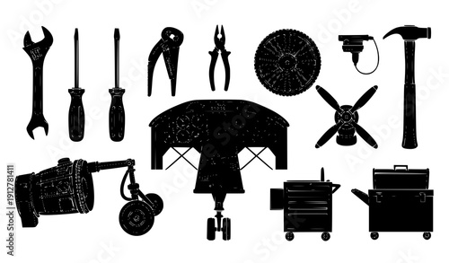 Aircraft Maintenance Tools and Engine Elements Silhouette Vector Set