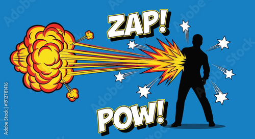 Superhero Blast Impact on Silhouette Man, Comic Book Style Explosion