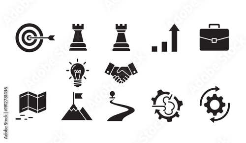 Business success icons set with strategy and growth symbols