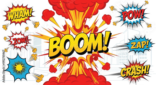 Explosion Comic Book Style Sound Effects with City Buildings Background